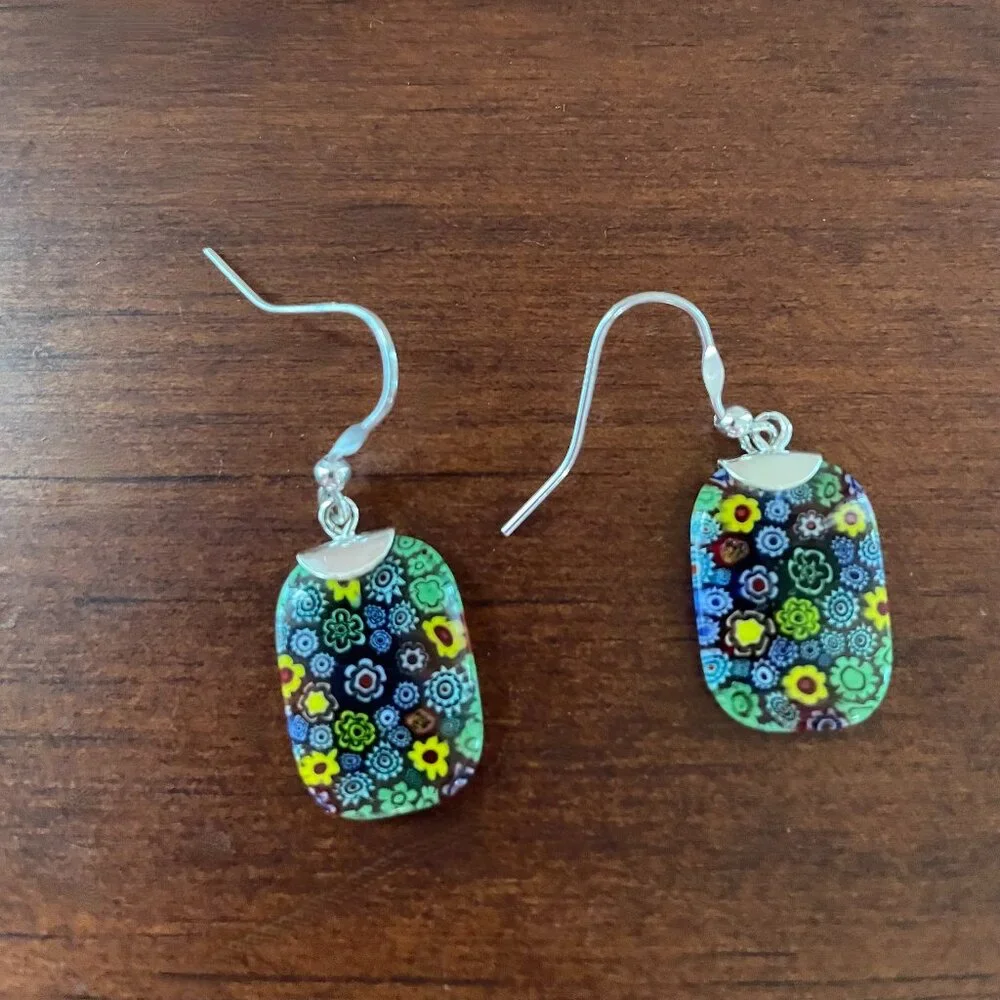 Millefiori Rectangular Earrings with Silver Toned Metal